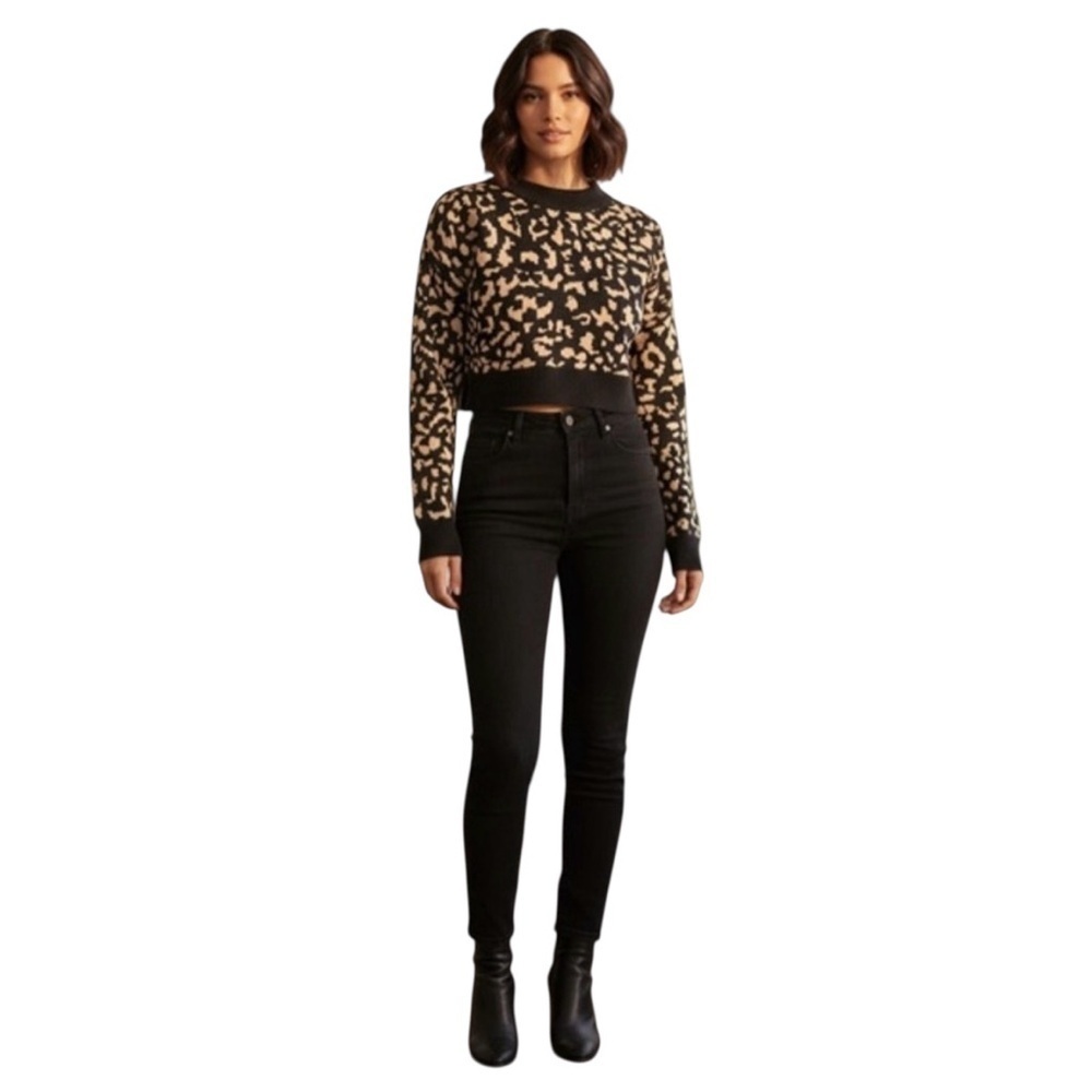 O.Vianca Leopard Knit Sweater | Cropped Animal Print Pullover Size M